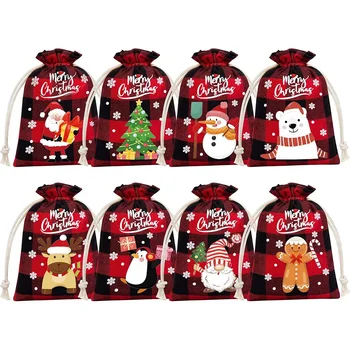  10 шт./лот мешковина рождественские сумки на шнурке плед рождественское печенье конфеты сумки маленькие рождественские льняные праздничные подарки для вечеринок сумки
