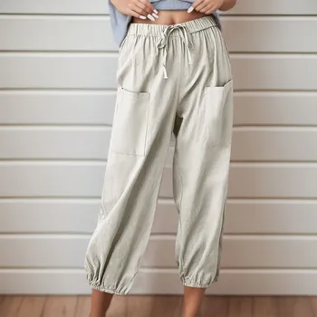  2023 Женские мягкие шаровары Летние повседневные свободные брюки с высокой талией и карманами Женские винтажные широкие брюки длиной до щиколотки