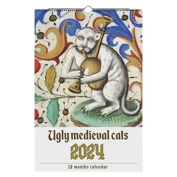  2024 Средневековый кошачий календарь Странный средневековый настенный календарь кошек Уродливый кот Ежемесячный настенный календарь с кошачьими картинками Комнатный арт-декор
