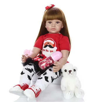  24-дюймовая кукла Reborn Toddler Girl Коричневый парик с длинными волосами Ткань Тело Силиконовая кукла Живая Реальная Реалистичная Детская Подарочная Игрушка