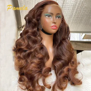  250% плотность Highlight Body Wave Кружева Передний Парик Темно-коричневый цвет 13x6 HD Прозрачные кружевные фронтальные парики из натуральных волос для женщин