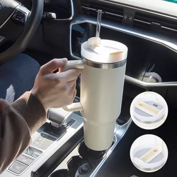  40oz Соломенная кофейная изоляционная чашка с ручкой Портативная автомобильная бутылка для воды Большая емкость для путешествий Термокружки без бисфенола А Барная посуда