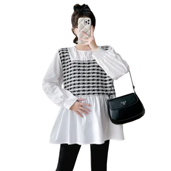  7152 # Осень Корейская Мода Пэчворк Блузки для беременных Сладкая Прекрасная Свободная Рубашка Одежда Для Беременных Женщин Топы Для Беременных