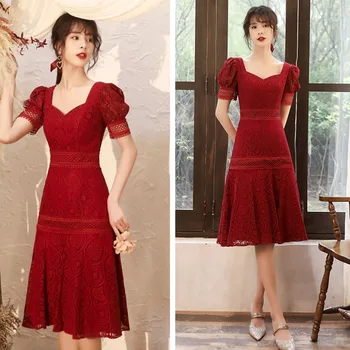  DongCMY Wine Red Обычно можно носить Платья для возвращения домой Маленькое платье Ежедневное платье Кружевные платья для осенних вечеринок для особых случаев