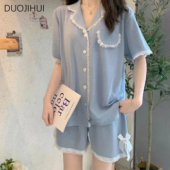  DUOJIHUI Summer Ins Sweet Lace Повседневная домашняя пижама для женщин Базовый кардиган на пуговицах Chic Split Короткие модные женские пижамы