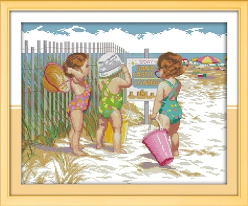  Joy Sunday Предварительно напечатанный набор для вышивки крестом Легкий узор Aida Штампованная ткань Вышивка Набор-Дети играют на пляже