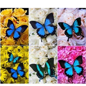  KAMY YI DIY 5D Бабочки с алмазной вышивкой в квадратных цветах Ручная работа Круглая вышивка Мозаика Горный хрусталь Вышивка крестом Наперсток