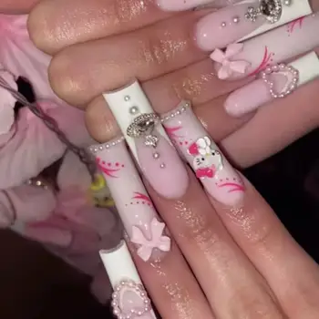  Sanrio Hello Kitty Y2K Розовая девушка Сердце Длинные поддельные наклейки для ногтей Жемчуг Любовь Бант Трехмерные подарки для дизайна ногтей ручной работы