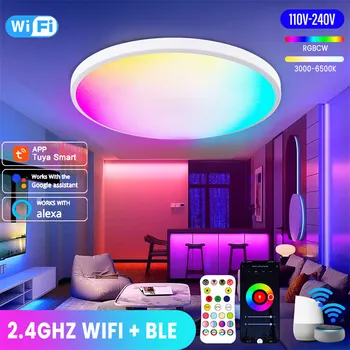  Smart WIFI Светодиодный круглый потолочный светильник RGBCW с регулируемой яркостью TUYA APP Совместим с Alexa Google Домашняя спальня Гостиная Окружающее освещение