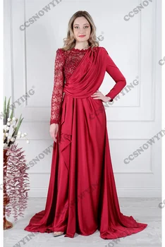  Атласные вечерние платья с длинным рукавом из бисера Вечерние платья с круглым вырезом Вечернее платье Женщины Арабский кафтан Халат De Soiree
