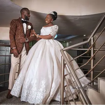  Бальное платье Свадебные платья Короткие рукава Нигерия Африканское кружево Бисером Церковные свадебные платья Большие размеры Брак
