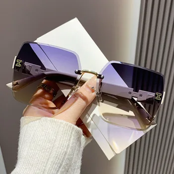  Большие солнцезащитные очки Женские бренд Дизайнер Солнцезащитные очки без оправы Женская мода Квадратный Винтаж Градиент Путешествия Oculos De Sol