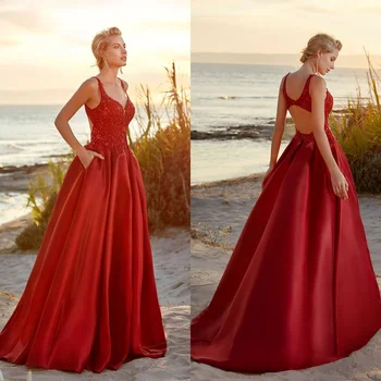  Великолепные красные выпускные платья с открытой спиной и бисером с V-образным вырезом Вечерние платья для женщин 2024 года Сексуальное вечернее платье с атласным шлейфом