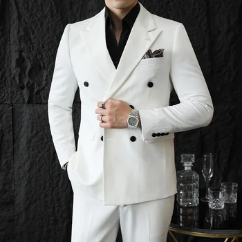  Двубортный костюм S-7XL Корейский тонкий (костюм + брюки) Мода и красивый свадебный бизнес Однотонный костюм Комплект из двух частей