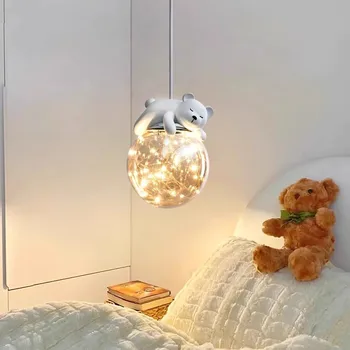  Детская комната Светодиодная подвесная люстра Белый медведь Кролик Подвесной светильник Дом Крытая спальня Декор Подвесной светильник Стеклянный прикроватный светильник