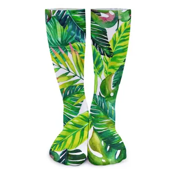  Зеленые пальмовые листья Чулки Тропические растения Принт Узор Повседневные носки Осень Нескользящие носки Женские велосипедные дышащие носки
