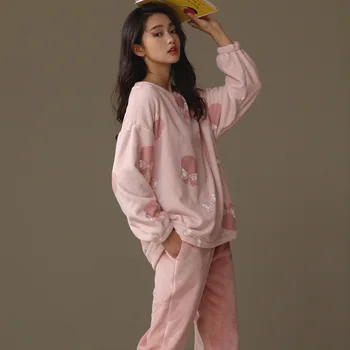   Зимний теплый женский пижамный набор 2 шт. Фланель Домашняя одежда Корейская мода Ночное белье Толстая женская девушка Пижама Dropship