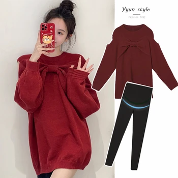  корейский стиль красный свитер для беременных зима плюс размер беременные женщины трикотаж длинный свободный повседневный пуловер для беременных