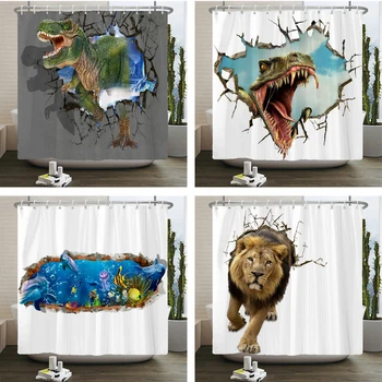 Креативные животные Занавеска для душа Забавные динозавры львы Тигр Водонепроницаемый полиэстер Bothroom Curtain Room Decor Занавеска с крючками