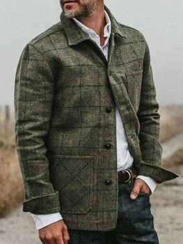   Мужская зимняя мода Поло с воротником в стиле поло Клетчатое пальто 2023 Новая зимняя мода Мужское свободное пальто Мужская одежда