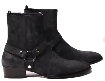  Мужские ботинки старого стиля черные замшевые кожаные сапоги металлические кольца высокие мужские сапоги на молнии Мед каблук натуральная кожа ботильоны