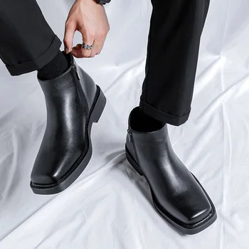   мужские повседневные ботинки челси брендовые дизайнерские туфли с квадратным носком черные стильные оригинальные кожаные ботинки бизнес офис лодыжки botas мужской