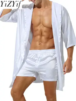  Мужчины Открытый спереди Ночной халат с капюшоном Атласная пижама Топ Пижамы Кимоно с поясом Халат с половиной рукава с шортами Домашняя одежда Ночное белье