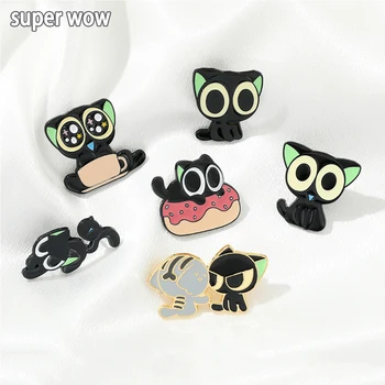  мультфильм аниме luo xiaohei броши милый черный кот эмаль лацкан булавки для рюкзака Kawaii Animal Metal Badges Аксессуары