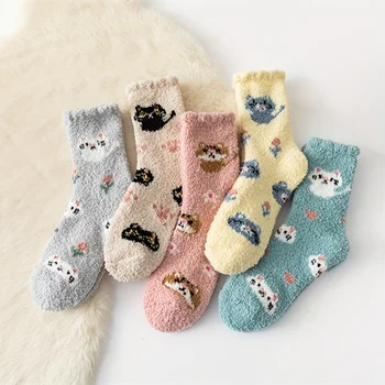  Мультяшные носки с кошачьим принтом, плюшевые коралловые бархаты, утолщенные носки для домашнего пола, теплые и милые носки для сна