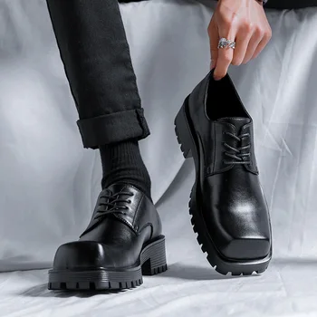  новый дизайн мужская мода оригинальная кожаная обувь с квадратным носком дерби обувь вечеринка банкетное платье черный прилив кроссовки на платформе