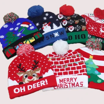  Оптовая продажа светодиодных светящихся вязаных рождественских шапок зимние теплые шапки детские жаккардовые шапки рождественский новогодний подарок