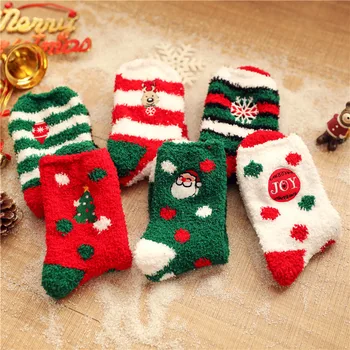  Осень и зима Толстые и теплые коралловые флисовые женские носки Вышитые Новый год Рождество Красные носки Носки для сна на полу