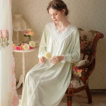  принцесса Пижамы Женщины Осень Белый Длинный Peignoir Большой размер Винтаж Халат Платье Романтическая ночная рубашка Викторианская хлопковая ночная рубашка