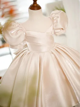  Простое атласное платье для девочки-цветка для свадьбы с коротким рукавом до колен с бантом прекрасный ребенок первое евхаристическое платье на день рождения