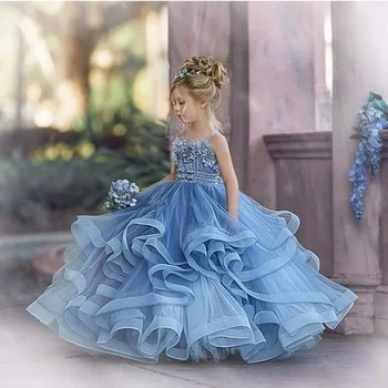  Пыльно-синие платья для девочек-цветочков для свадеб Robe de Mariage Детские конкурсные платья Тюль Платье с оборками для первого причастия