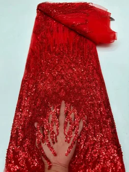  Роскошная красная африканская кружевная ткань 5 ярдов 2023 Высокое качество вышитые французские пайетки и бисер Нигерийское платье из материала для вечеринок