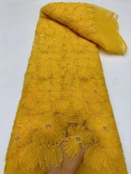  Роскошная нигерийская кружевная ткань ручной работы из бисера 2023 Высокое качество 3D Цветочные бусины Вышивка Африканская французская кружевная ткань для платья
