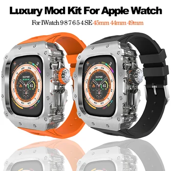  Роскошный комплект модификации для Apple Watch Ultra 2 49 мм корпус из нержавеющей стали и силиконовый ремешок для IWatch 9 8 7 6 5 4 SE 45 мм 44 мм