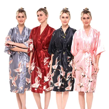  сексуальный журавль принт летнее атласное кимоно халат женщины невеста подружка невесты свадебный халат платье короткое и длинное пижамы