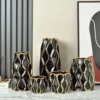  Современные черно-белые керамические вазы, набор из 3 штук, с золотым гальваническим покрытием, простые и стильные