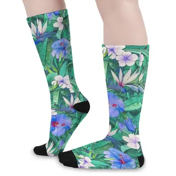  Тропические носки с цветочным принтом Синий гибискус Модные чулки Осень Противоскользящие Пара Носки Высокое Качество Узор Альпинистские Носки