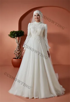  Тюль Аппликации Бисер Мусульманское свадебное платье для невесты Длинный рукав Хиджаб Исламские свадебные платья Арабский Дубай Vestidos De Novia