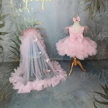  Цветочница Платье Розовая пушистая юбка из тюля Бисер Блестящая свадьба Элегантное платье для детей с цветком Платье для вечеринки при первом причастии