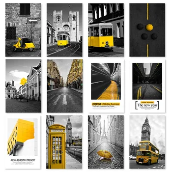   Черно-белый пейзаж Настенное искусство Желтый автобус Автомобиль Холст Плакат Принты Скандинавский стиль Картины Желтое здание Картина для комнаты