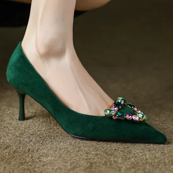  Элегантные женские тонкие туфли на высоком каблуке с острым носком, пряжка из натуральной замши, сексуальные женские вечерние туфли на каблуке