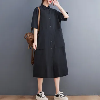  Японский стиль Большие карманы Однобортный шик Уличная мода GIrl's Женщины Повседневная блузка Летнее платье Офис Леди Рабочее платье